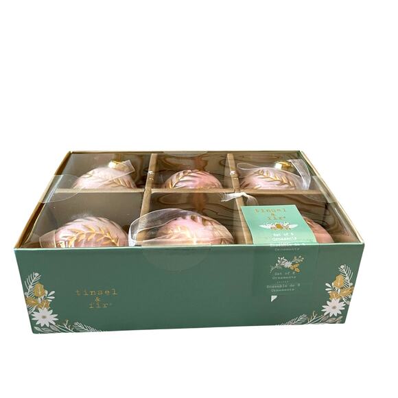 Tinsel & Fir Pink & Gold Glass Christmas Ornaments 3in Set of 6 Holiday Glam New - Picture 9 of 11